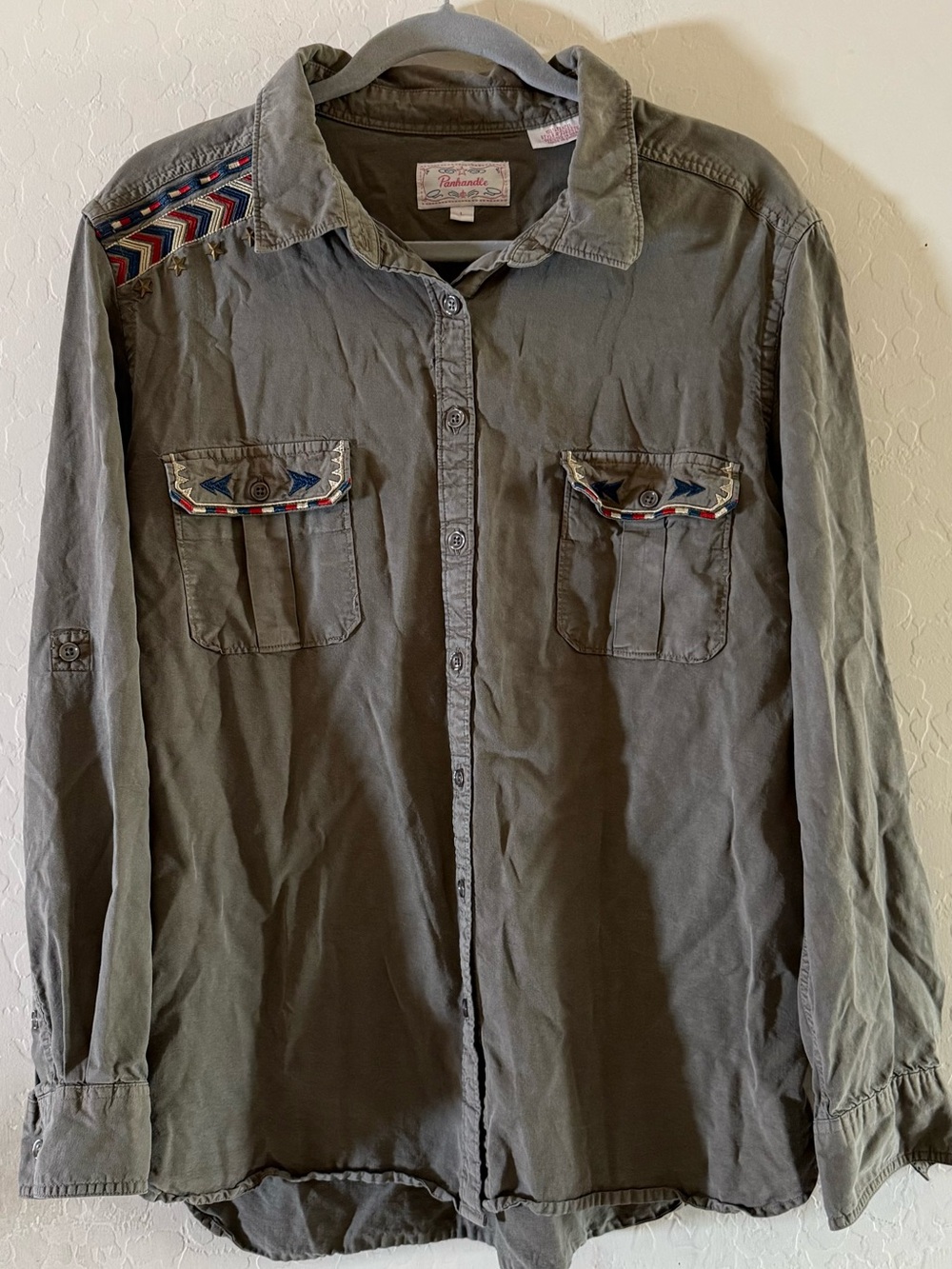 Panhandle, large, olive green embroidered button-down Western shirt